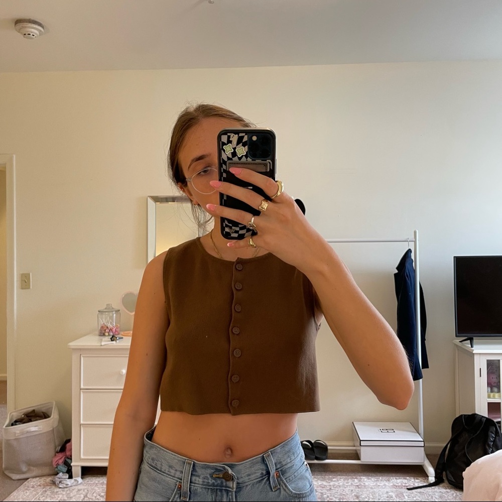 Brandy Melville brown button up vest knit top
